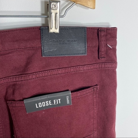 Zara Man Loose Fit Cropped Burgundy Jeans NWT 36 Red Men’s - Picture 7 of 9